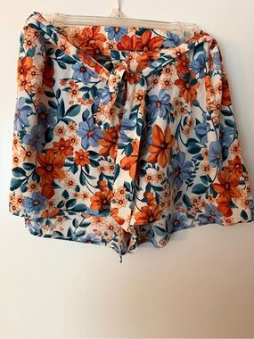 Floral Tie-Waist Women's Shorts - Orange & Blue